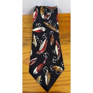 Renaissance Handmade Red Brown Fishing Lures‎ on Black Background Silk Tie 59"